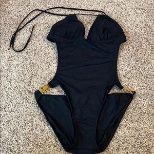 Michael Kora black one piece bathing suit goldtone